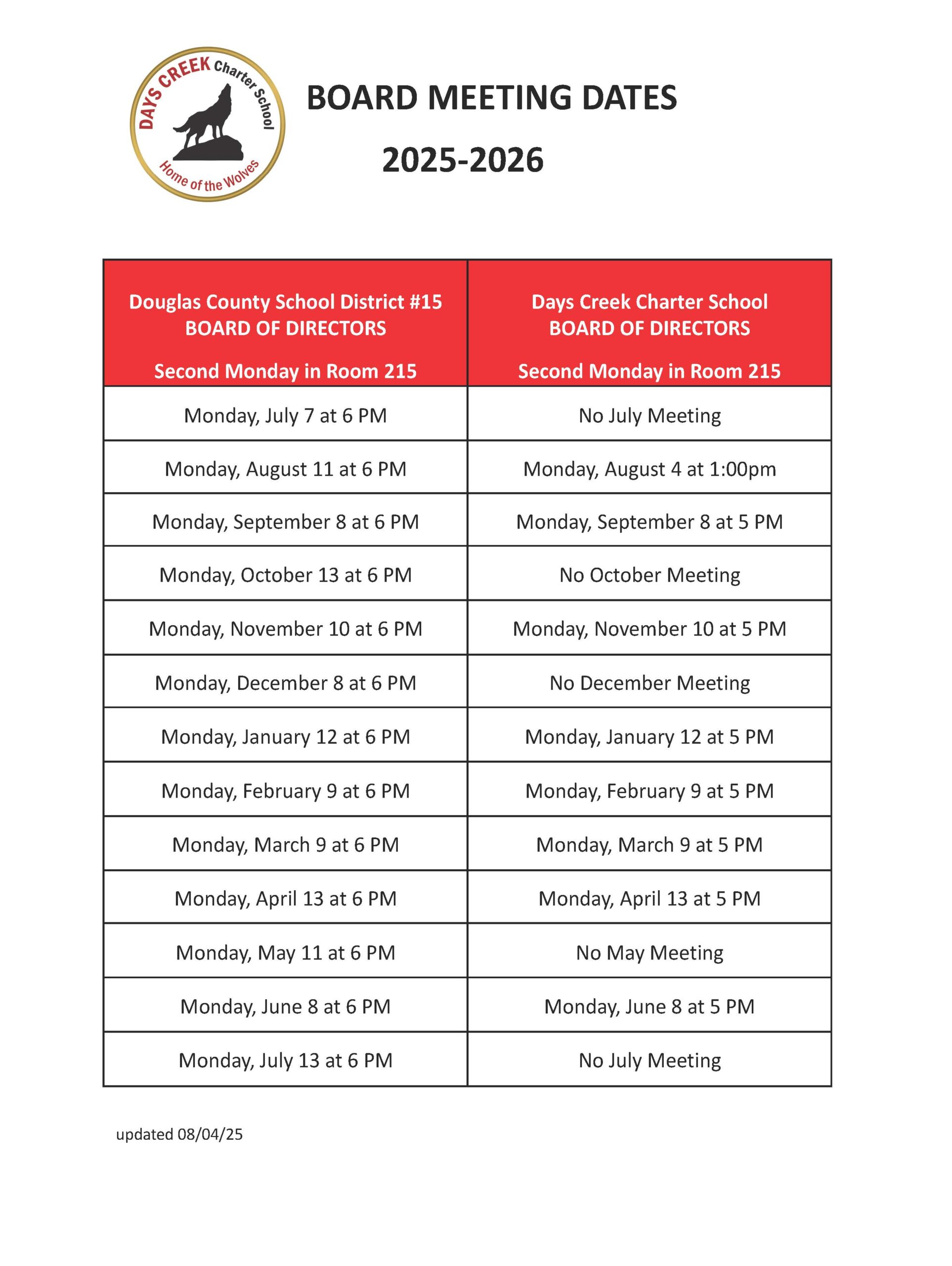 2025 - 2026 Board Meeting Dates